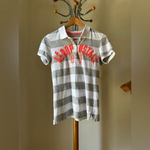 Grey Striped Female Polo Short Sleeve T Shirt